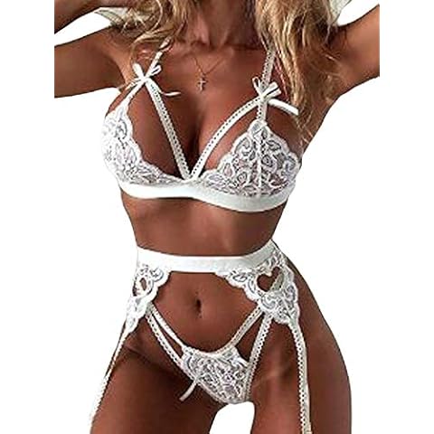 Xsylife Women Sexy Lace Lingerie Bra Set Transparent Underwear Babydoll Nightwear Sleepwear (White, S) Cover