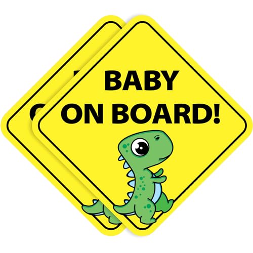 Image of Stickios Baby on Board Stickers - Removable Non-Magnetic Paint-Safe Signs for Cars & Windows - Made in USA - Baby Boy Dinosaur (2 Vinyl Decals) - v1