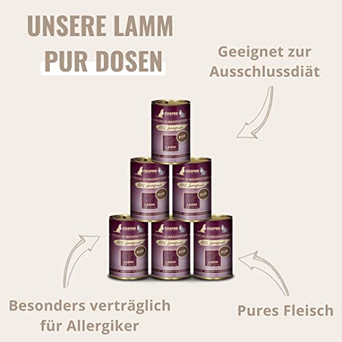 Escapure Lamm Pur Dose 6 x 400g - Nassfutter für Hunde - 100% pures Lammfleisch Nassfutter - Premium Dosenfutter Lamm ohne Zusatzstoffe - Hunde Ergänzungsfuttermittel frei von Getreide