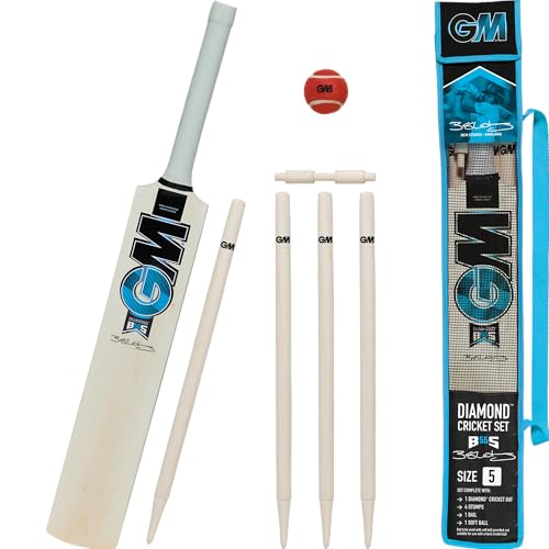 GM | Ben Stokes Diamond Endorsed Wooden Cricket Set | 1 x Diamond Bat, 1 x Soft Red Tennis Ball, 4 Stumps & 1 Bail | Carry Bag | Size 5 Suitable for Players 150-157cm / 4' 11" - 5' 2" | Gunn & Moore