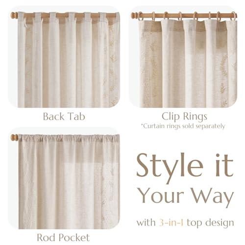 Image of jinchan Floral Linen Curtains 108 Inch Farmhouse Back Tab 2 Panels