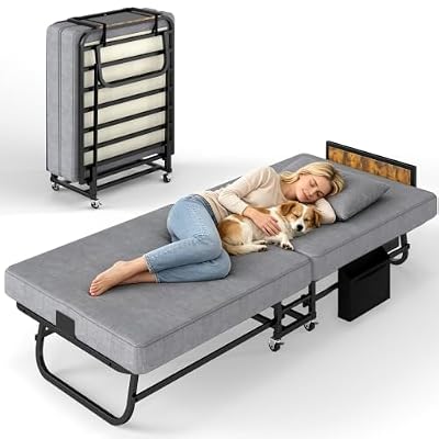Folding Bed with Mattress, Portable Foldable Bed for Adults, Roll Away Bed Guest Bed on Wheels, Metal Frame, Headboard & Dustproof Cover, Charging Station, Space Saving, Easy Storage, 75" x 31"