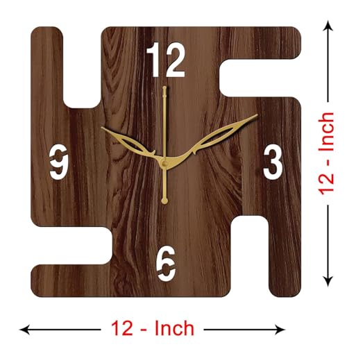 Image of SKYVILLA 12 Inch Wooden MDF Swastik Analog Wall Clock with English Numerals, Romans | Silent Quartz Movement | Lightweight Without Glass Design
