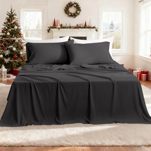 CozySmile California King Sheet Sets,Hotel Luxury 4 Piece Breathable Cooling Sheet Fits 16" Deep Pocket Mattress, Easy Care Wrinkle Free Bedding Sheet and Pillowcase Bed Sheet Cal King Size,Dark Gray