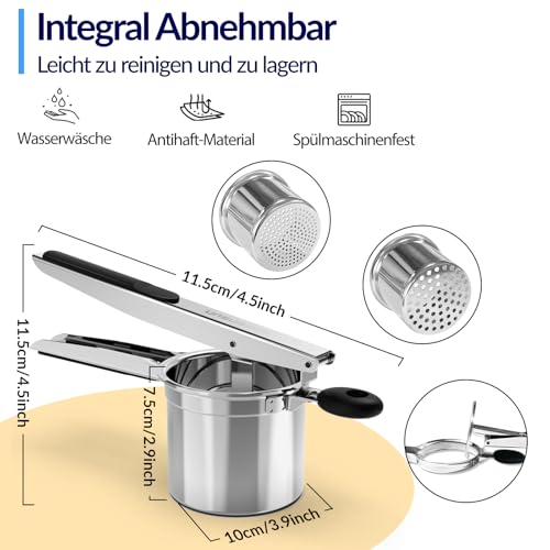 Kartoffelpresse für flauschiges Kartoffelpüree, 450ML, 2 austauschbare feste Scheiben, abnehmbare und strapazierfähige mit Silikongriff – Ansicht 4