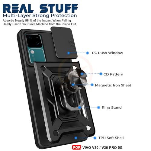 Image of Armor Bumper Back Cover Case for Vivo V30 / V30 Pro 5G | Rotating Camera Cover, Ring Holder & Kickstand | Heavy Duty & 360 Degree Protection Vivo V30 / V30 Pro 5G Back Cover (Black)
