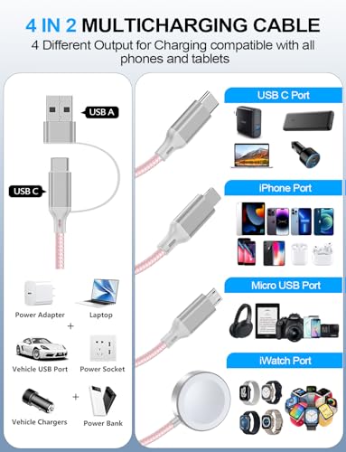 Image of Travel Essentials,Multi Charging Cable for Apple Watch Charger /iPhone /Samsung Charger,Type C /Lightning /iWatch /Micro Charging Cable for iWatch Ultra /10-2 /iPhone /Galaxy /Airpods[1.8M]-Pink