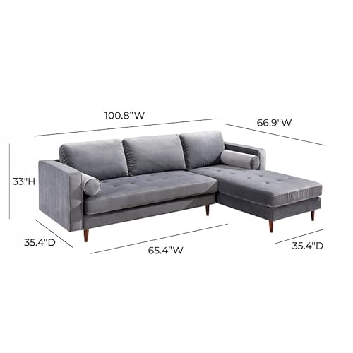 Tov Furniture The Como Collection Modern Velvet Living Room Sectional Sofa, Gray, Raf #TOP2