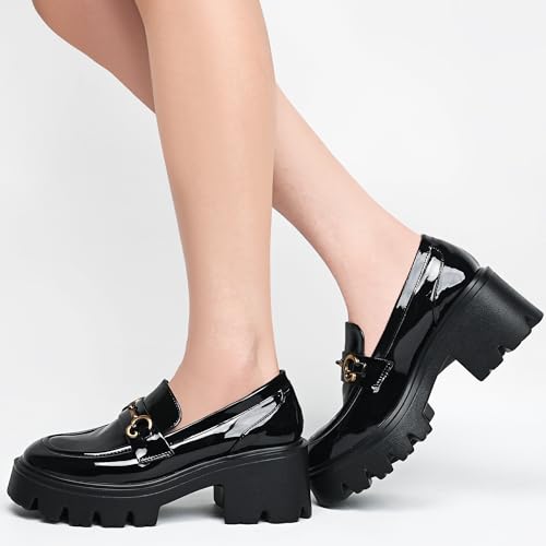 Image of Black Platform Loafers for Women - Women's Slip-On Leather Loafers, Chunky Comfort Shoes for Work & Dressy Occasions