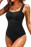 Tummy Control One Piece Swimsuits - Scalloped Vintage Bathing Suits for Women Square Neck Ruched Slimming 2026 Black M