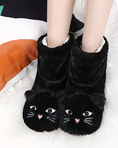 Dicuird Womens Slipper Socks Comfy&Warm Animal Non-Skid Bedroom Slipper Booties (Black Cat,5-7.5) #TOP5
