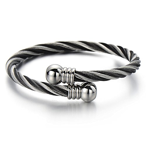Image of COOLSTEELANDBEYOND Elastic Adjustable Steel Twisted Cable Cuff Bangle Bracelet for Mens for Women