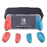Skull & Co. GripCase Crystal Bundle: A Dockable Transparent Protective Cover Case with Replaceable Grips [to fit All Hands Sizes] for Nintendo Switch -Neon Red & Blue