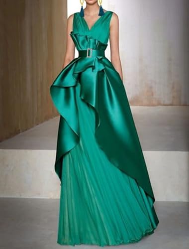 Chiffon A-Line Elegant Wedding Guest Dresses Sleeveless V Neck Floor Length Belt Ruffles Formal Evening Dress2