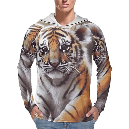 Men's Sun Shirts UPF 50+ Rash Guard Long Sleeve Sun Protection Hoodie Cute Tiger Lightweight Shirt 2XL White