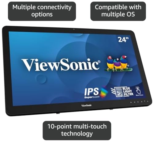 Image of ViewSonic TD2430 24 Inch 1080p Touch Screen Monitor, 10-Point Multi-Touch for Retail POS and Kiosks, Durable 7H Scratch-Resistant Glass, Advanced Ergonomics, HDMI, and DisplayPort Inputs