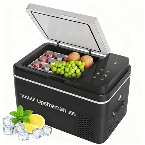 Upstreman 30 Litros Nevera Portátil de Compresión, 12/24V & 220V,  20 ℃~20 ℃ Neveras Coche, Mininevera Congelador con LED, Nevera Compresor Para Coche, Camión, Camping, Negro, AR30