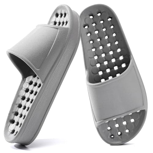 GETOEU Shower Shoes for Women and Men with Drain Holes Massage Slide Sandals Soft Cushioned Anti-Slip Pool Slides Comfort Thick Soled Gym Shower Shoes Quick Drying Bathroom Spa Slippers,Grey
