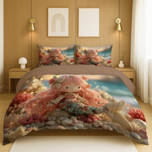 Juego de Cama de Tres Piezas Comodidad Incluye 2 Fundas de Almohada de 80 x 80 cm y 1 Colcha de 135x200 cm., Rosa Dibujos Animados Adorables Sirenas