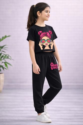 Image of Trampoline Girls Printed Co-Ord Set | Half Sleeve T-Shirt & Jogger Trackpant Set | Casual Wear Lounge Wear Outfit for Girls