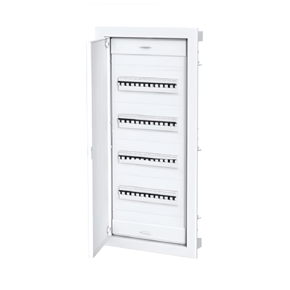 Made in Italy, Centralino bianco 48+8 moduli/apparecchi, installazione ad incasso su cartongesso, sportello in metallo, misure 368x753x93 mm, con morsettiere e guide DIN, quadro impianto elettrico
