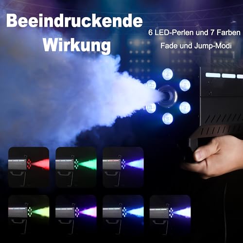 Telbum Nebelmaschine 1500W Party Gun mit 6 LEDs, Handheld Nebelmaschine mit Ständer/Gurt Dual Use, Timerfunktion, Fog Machine für Halloween Party, DJ Disco Bühne Hochzeit