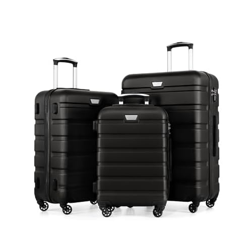 COOLIFE 3 Piece Luggage Set for Family Travel, Overseas Travel, ABS+PC, Lightweight Durable Suitcase with 360°Rubber Spinner Wheels, YKK Zipper, Telescopic Handle, TSA Lock, Black
