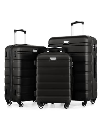 COOLIFE 3 Piece Luggage Set for Family Travel Overseas Travel ABS+PC Lightweight Durable Suitcase with 360Rubber Spinner Wheels YKK Zipper Telescopic Handle TSA Lock Black