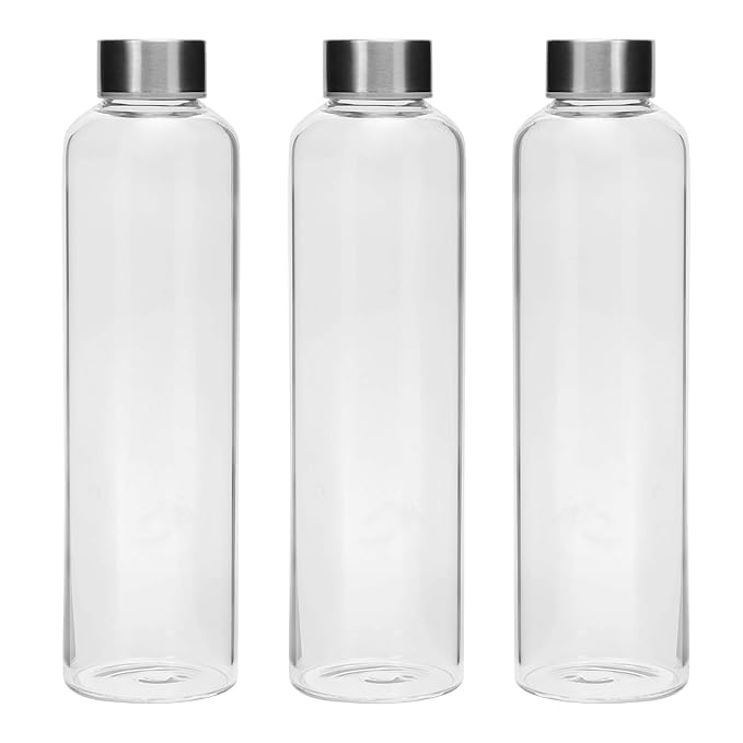 Image of SIMPARTE Borosilicate GlassWater Bottles 500ml with Sleeve - Set of 3 | Easy to Clean, Leak-Proof, Freezer Safe | Stainless Steel Cap | Ideal for School, Gym, Office