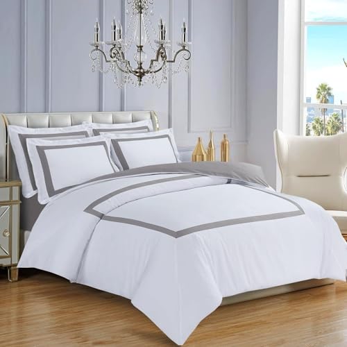 Majestic Giftware Madison Linen 8-Piece 44" Twin Size Bedding Set (BL2-44T-8) | Province Hotel Collection-White-Taupe Tape 400 TC Cotton Sateen | 2 Fitted Sheets, 2 Duvets, 4 Pillowcases