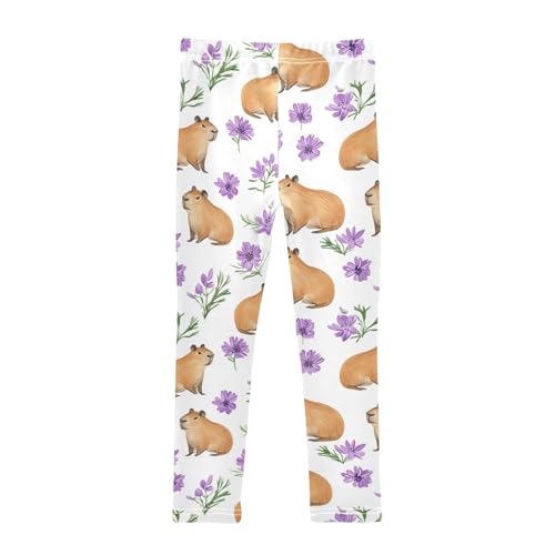 Capybaras Girls' Leggings Toddler Doodles Purple Flowers Kids Yoga Pants Dance Active Tights 4T2