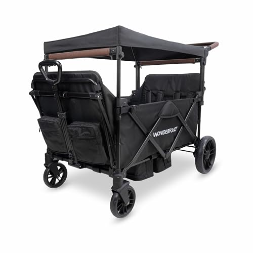 WONDERFOLD X4R Rev Stroller Wagon (4 Seater) - Collapsible Stroller Wagon with 5-Point Seatbelt Harnesses, Reclining Seats & Footwells, Black