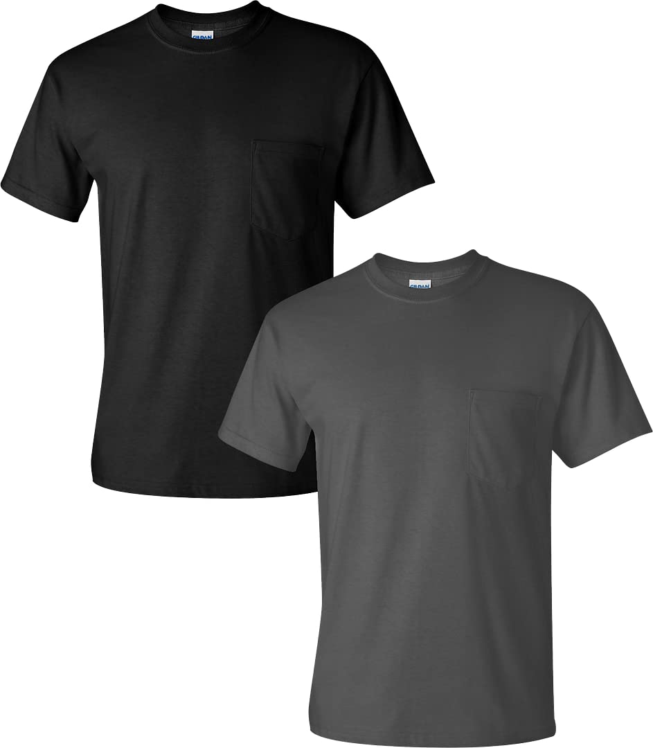 Gildan Lot de 2 T-shirts en coton pour adulte avec poche, noir/charbon, Taille M