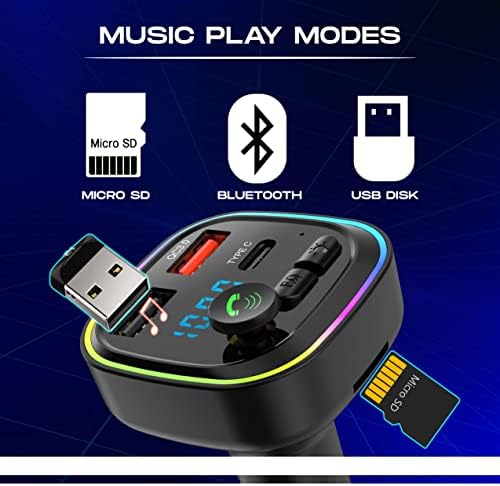 Car FM Transmitter, Wireless Bluetooth 5.1 Radio Adapter Car Kit, PD3.0 Type C 20W+QC3.0 Car Fast Charger, Hands Free Calling, Play TF Card & USB Flash Disk, LED Display Car Battery Voltage, Black