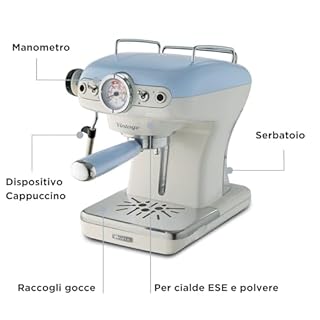 Ariete Caffè Espresso Vintage 1389, Macchina per Caffè Espresso per Polvere o Cialda ESE, 1 e 2 Tazze, Lancia Cappuccinatore, Supporto Tazze in Acciaio Inox, 15 Bar, 850W, Celeste