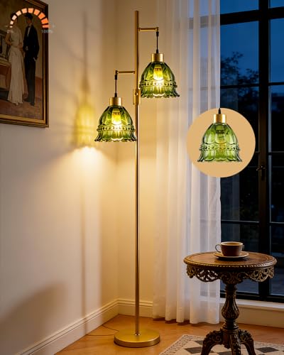 Image of 2-Light Modern Glass Floor Lamp, Gold Standing Tall Lamp with Green Lace Glass Shade for Reading, Dimmable LED Floor Lamp with 5Lbs Heavy Base for Living Room Bedroom Home Decor, Bulb Included