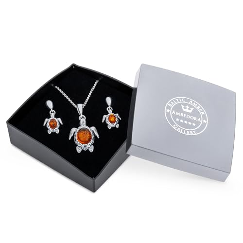 Conjunto de joyas de plata de ley con ámbar báltico coñac collar y pendientes de tortuga 4