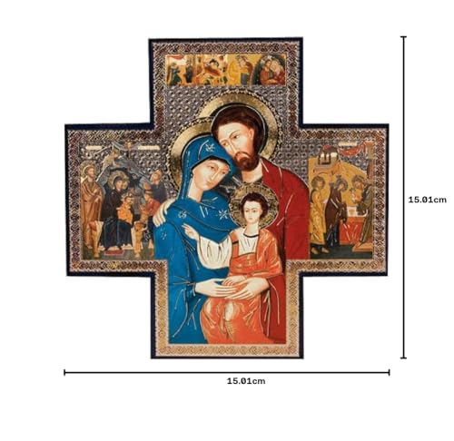 Biblegifts Holy Family Christmas Nativity Cross Shaped Gold/Silver Metallic Picture Hanging Icon Style 6" x 6" Religious Gift