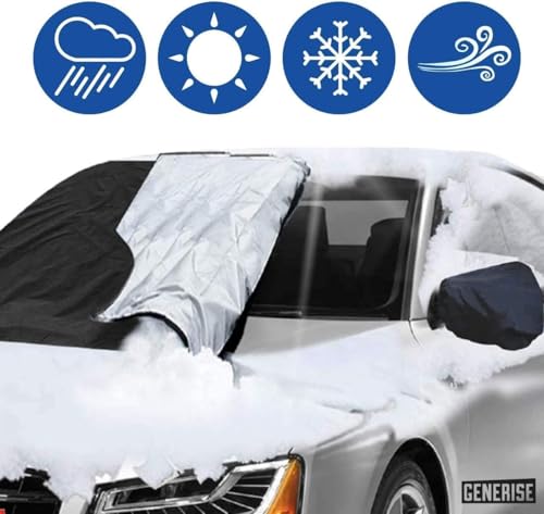 Image of Car Windscreen Cover GENERISE Reversible All Seasons Car Screen Cover Winter & Summer - Protects Windshield from Frost, Snow, Ice & UV Rays Plus Ice Scraper for Car Windscreen