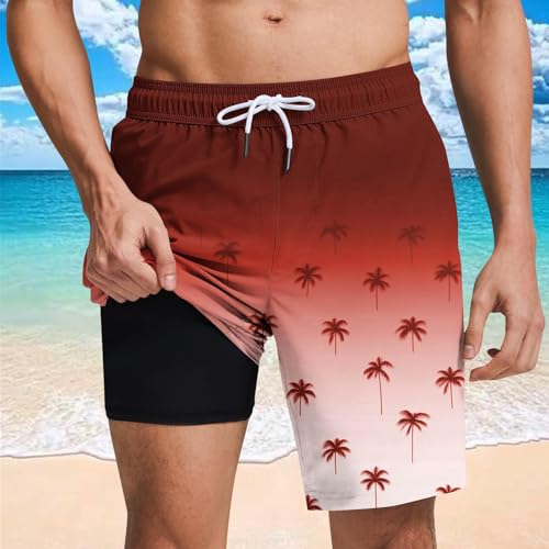 Mens Summer Casual Beach Shorts 2 in 1 Trunks Comfortable Quick Dry Elastic Waist Shorts Graphic Coconut Tree Print2