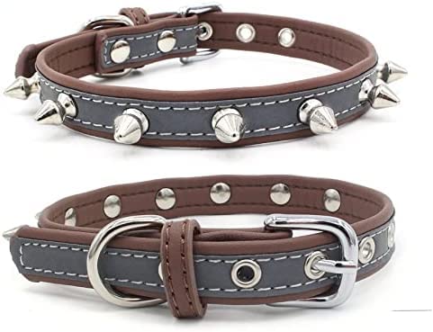 PETSARY Soft Genuine Spiked Dog Leather Collar - Spiked Studded Dog Anti-Biting Collar - Super Safety & Quick Release - High Visibility Light Reflective for Big Dogs, Bulldog, Pugs, Cats XSmall, Brown