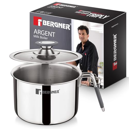 Image of Bergner Argent Triply Stainless Steel 17cm (2.5L) Milk Boiler with Glass Lid, Steam Vent, Flared Rim, Stay Cool Cast Handle with Silicone Grip, Even and Faster Heating, Easy to Clean, Induction Bottom