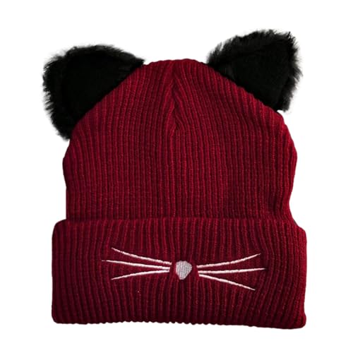 Generisch Gorro de punto con orejas de gato, gorro de lana bordado, bonito gorro de suéter cálido para otoño e invierno para hombre, rojo, talla única