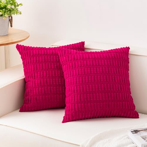 Image of Pack of 2 Corduroy Decorative Throw Pillow Covers 18x18 Inch, Peach Red | Fall Soft Striped Pillow Covers Modern Farmhouse Home Decor Christmas Throw Pillow Covers for Sofa Living Room Couch Bed