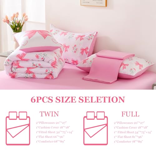 Image of DORCAS Bow Comforter Set Full Bed in A Bag for Girls,6 Pieces Pink Bow Bedding Sets with Sheets for Kids