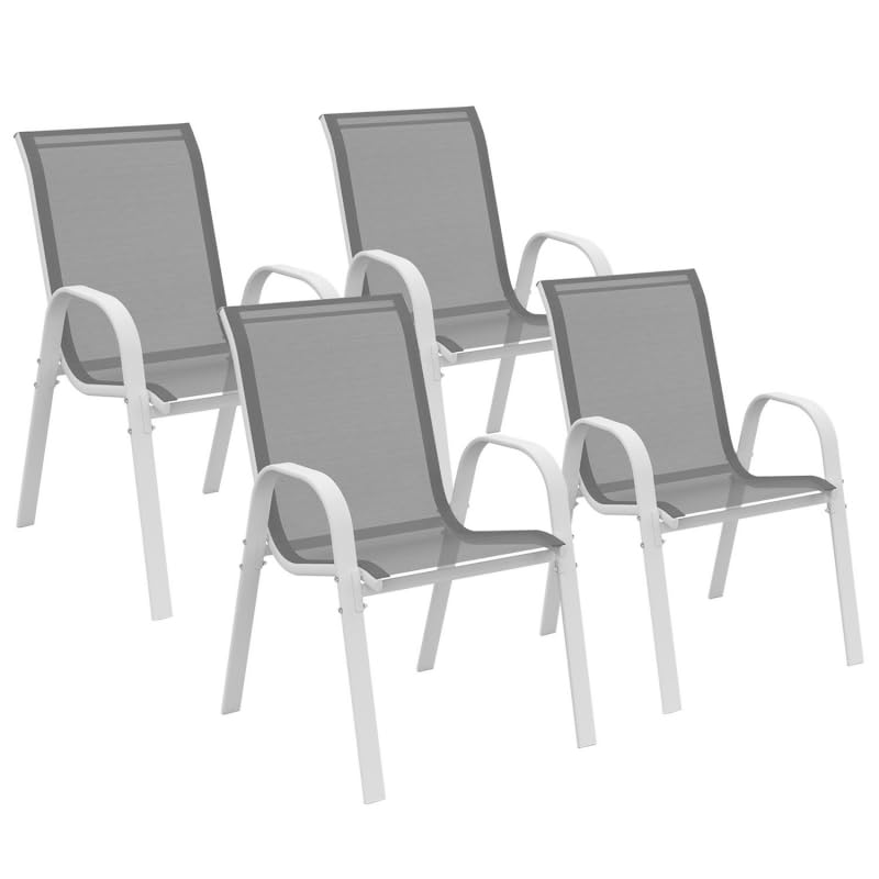 IDMarket - Juego de 4 sillas de jardín LYMA metal y textileno apilables blanco y gris