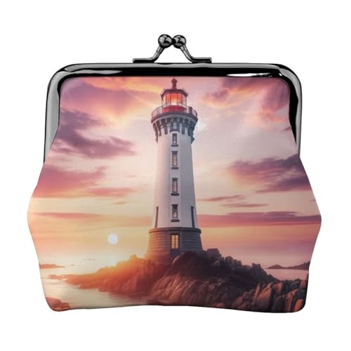 Pu Leather Buckle Coin Purse Lighthouse-Sunset-Ocean-Sea Girls Kiss-Lock Change Purse Wallets