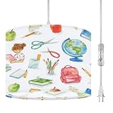 Plug in Pendant Light Watercolor Seamless School Office Supplies Tools Backpack Hanging Lamp with Clear Cord Fabric Shade Dimmable Switch for Bedroom Kitchen Living Room Light Fixtures