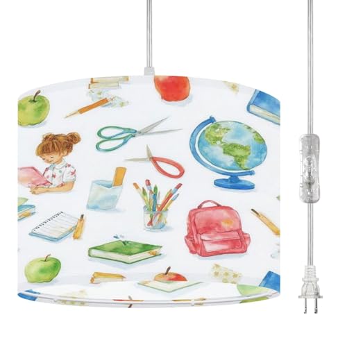 Plug in Pendant Light Watercolor Seamless School Office Supplies Tools Backpack Hanging Lamp with Clear Cord Fabric Shade Dimmable Switch for Bedroom Kitchen Living Room Light Fixtures