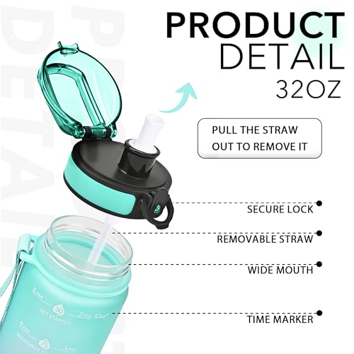 Image of HDPE 32oz Water Bottle with Straw, Time Marker & Fruit Strainer, Transparent Gradient Color Water Bottle with Times to Drink, Leakproof & BPA Free, Reusable Bottle with Strap, 907 ml